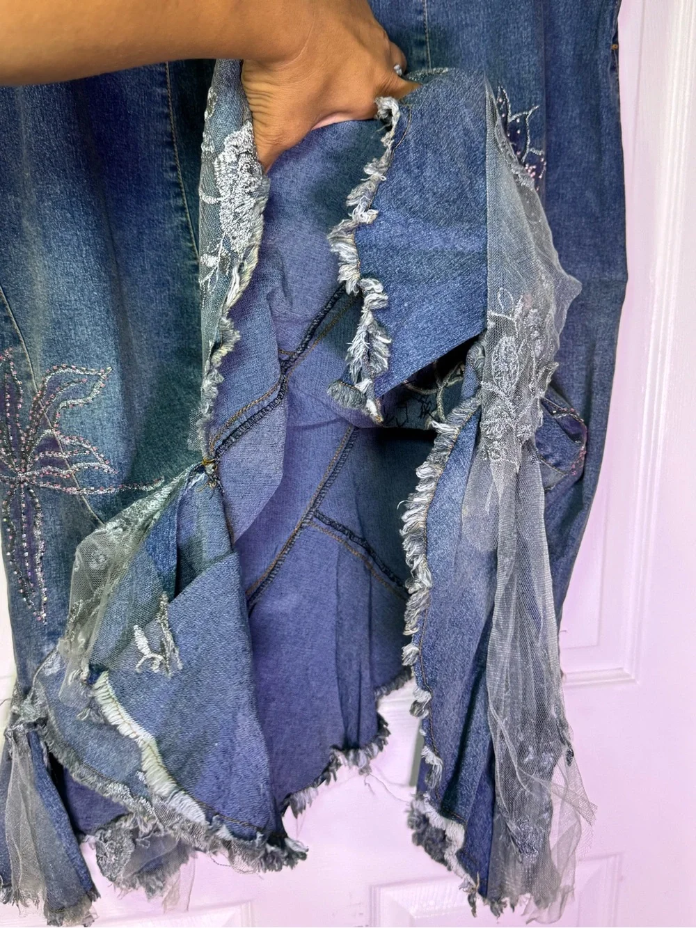Vintage Free Party Jeans Floral Embroidered Tulle Hem Denim Skirt - Size L